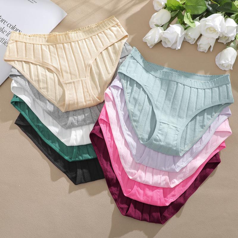 Women Seamless Cotton Crotch Panties Summer Dopamine Briefs Underwear Solid Color Breathable Elastic Sexy Stripe Lingerie Spring