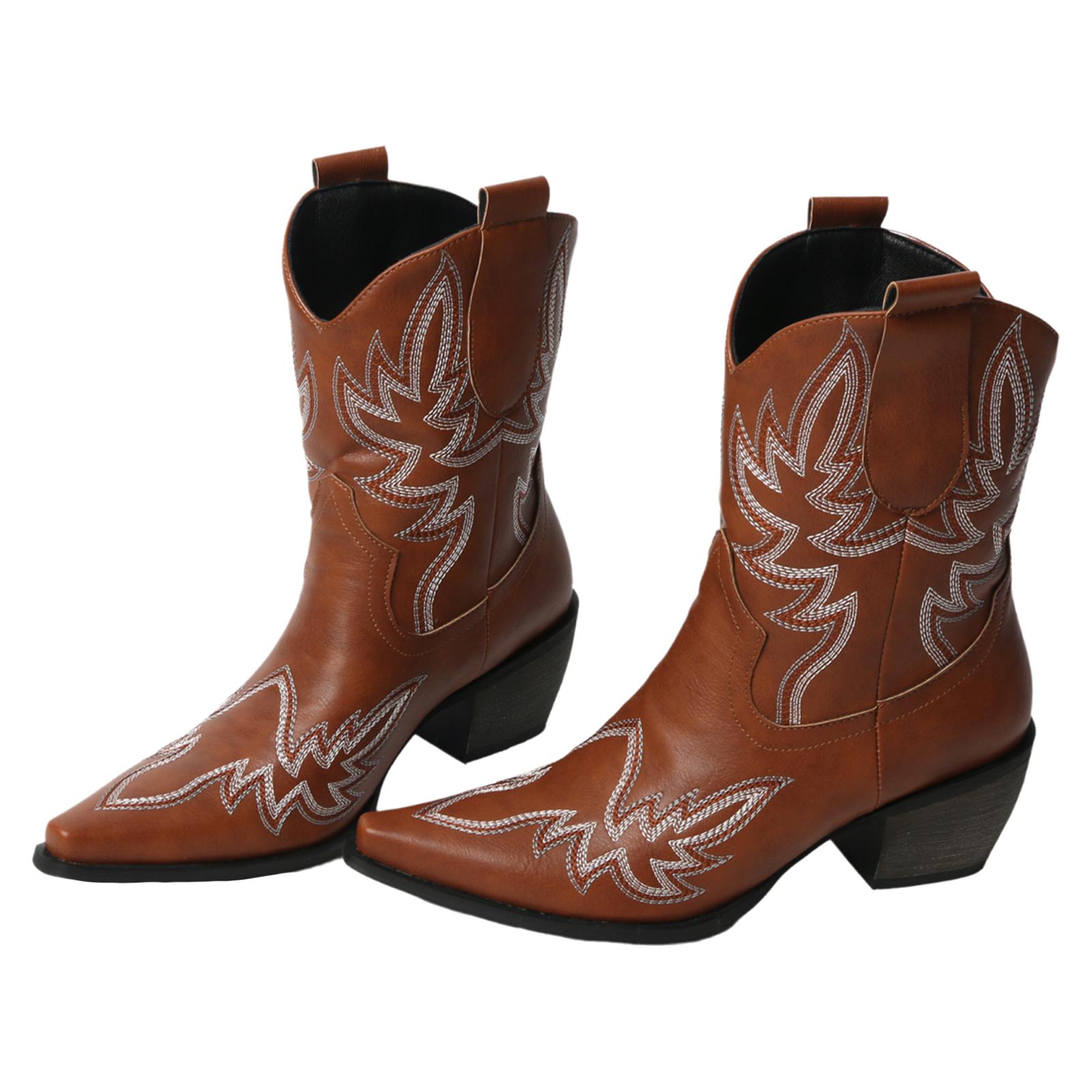 

FOREADA Женские ботильоны в ковбойском стиле с острым носком, на толстом высоком каблуке, с вышивкой, западные короткие ботинки, женская модная обувь, зимние, красные 39 коричневый