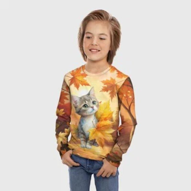 

Детская мультяшная футболка с милым принтом котенка для мальчиков, милый топ с длинными рукавами, мягкий и удобный 170