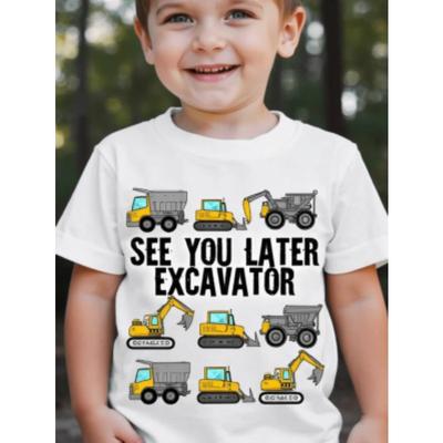 European Sizes Children 2025 Fashion Cartoon "SEE YOU LATER EXCAVATOR" Print T-Shirt, Excavator Anime Cute Round Neck Short Sleeve