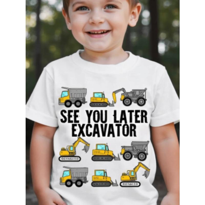 European sizes Children 2025 Fashion Cartoon  SEE YOU LATER EXCAVATOR  Print T-Shirt, Excavator Anime Cute Round Neck Short Sleeve 98cm белый