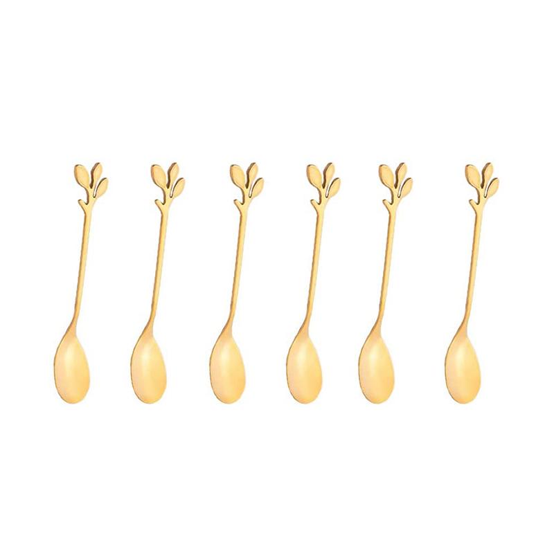 6PCS Creative Personality Stainless Steel Gold Spoons Tree Leaf Spoon Coffee Spoon Tea Spoon Home Restaurant Dessert Cutlery Set