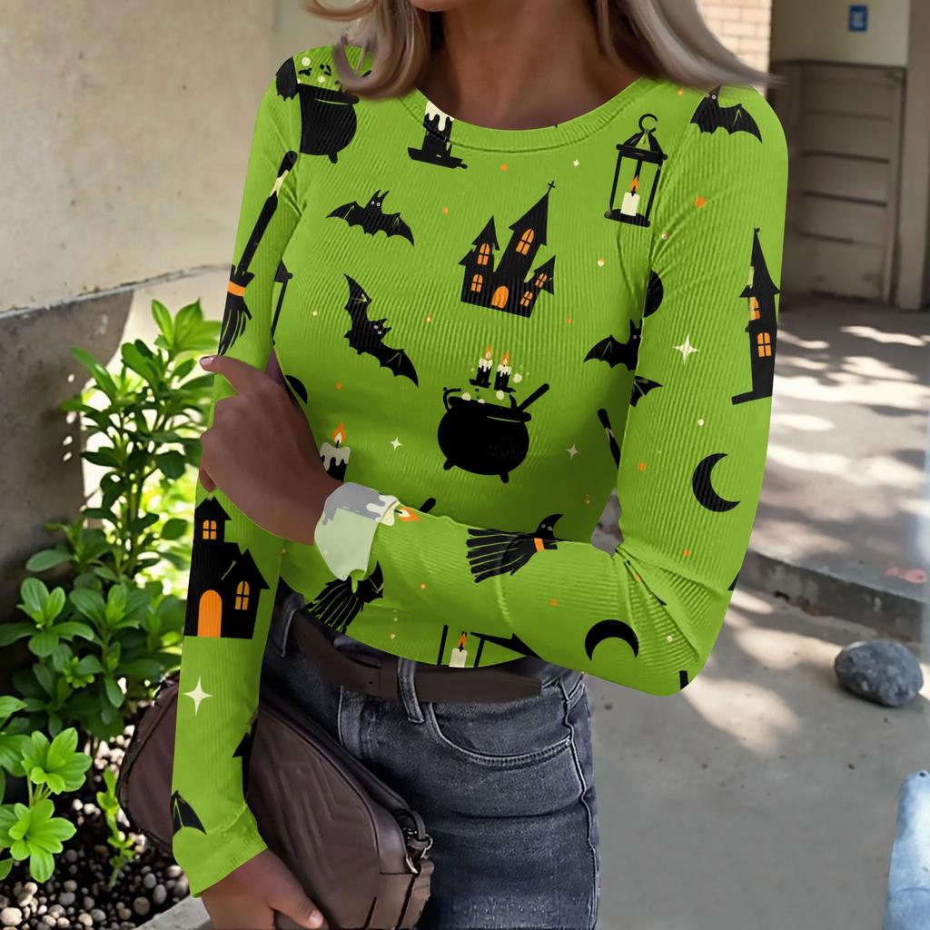 Women Halloween Print Long Sleeve Slim Fit Crew Neck Base Layer T Shirt Casual Stretchy Top for Everyday Wear