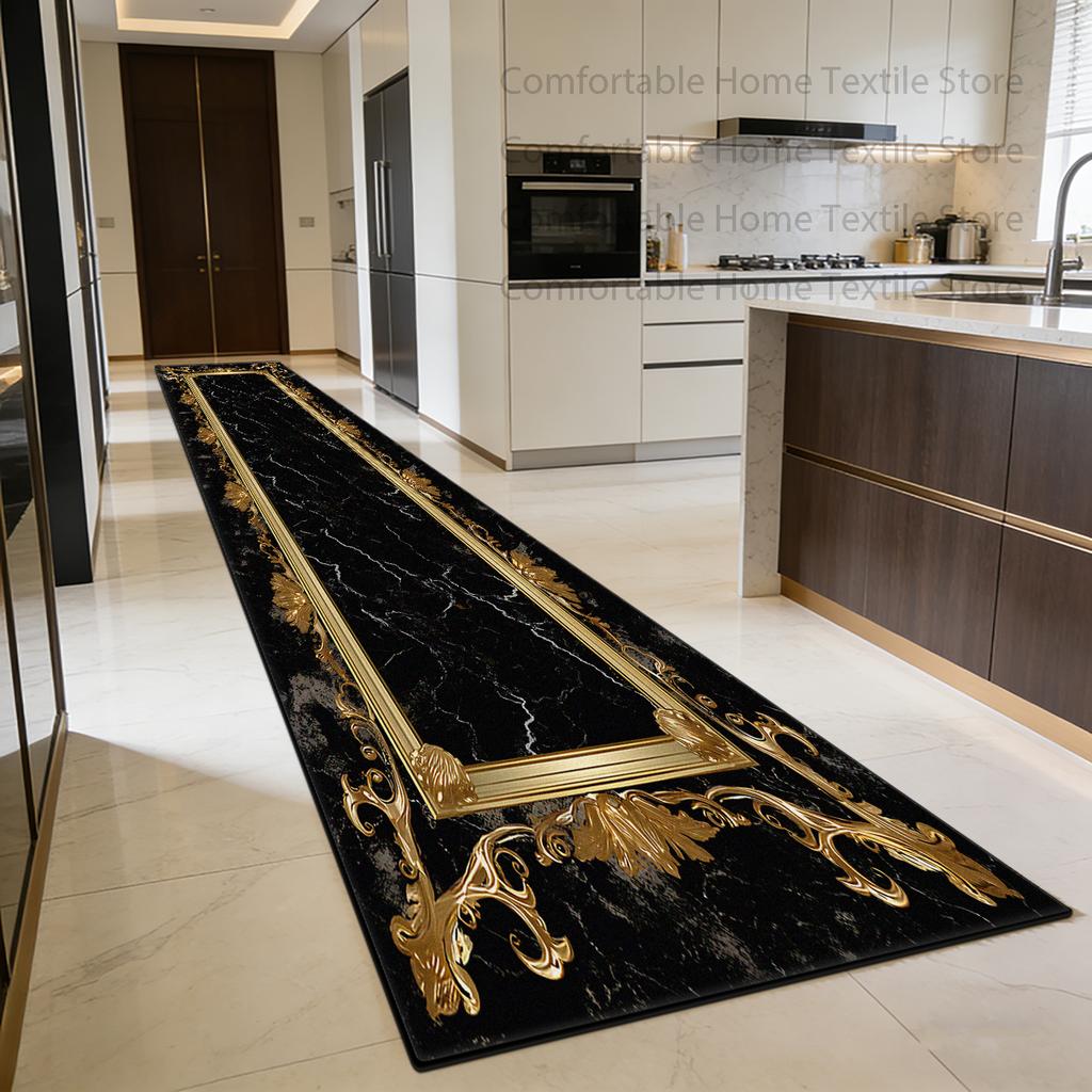 European Light Luxury Golden Pattern Corridor Rug Home Decoration Foldable Antiskid Carpet Easy Clean Lint-free Long Runner Mats