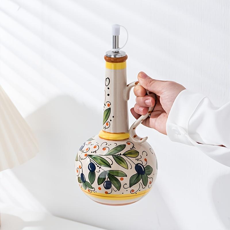 Hand-Painted Ceramic Olive Oil Dispenser with Vibrant Fruit & Leaf Design - Leak-Proof Kitchen Oil Bottle for Olive Oil, Vinegar, Soy Sauce