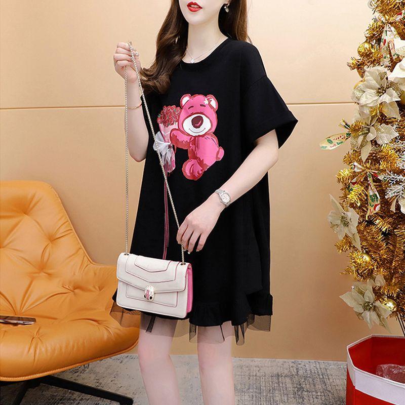 Summer O Neck Loose Casual Printing Mesh Patchwork T-shirt Dress Women Short Sleeve Pullover Tee Robe Top