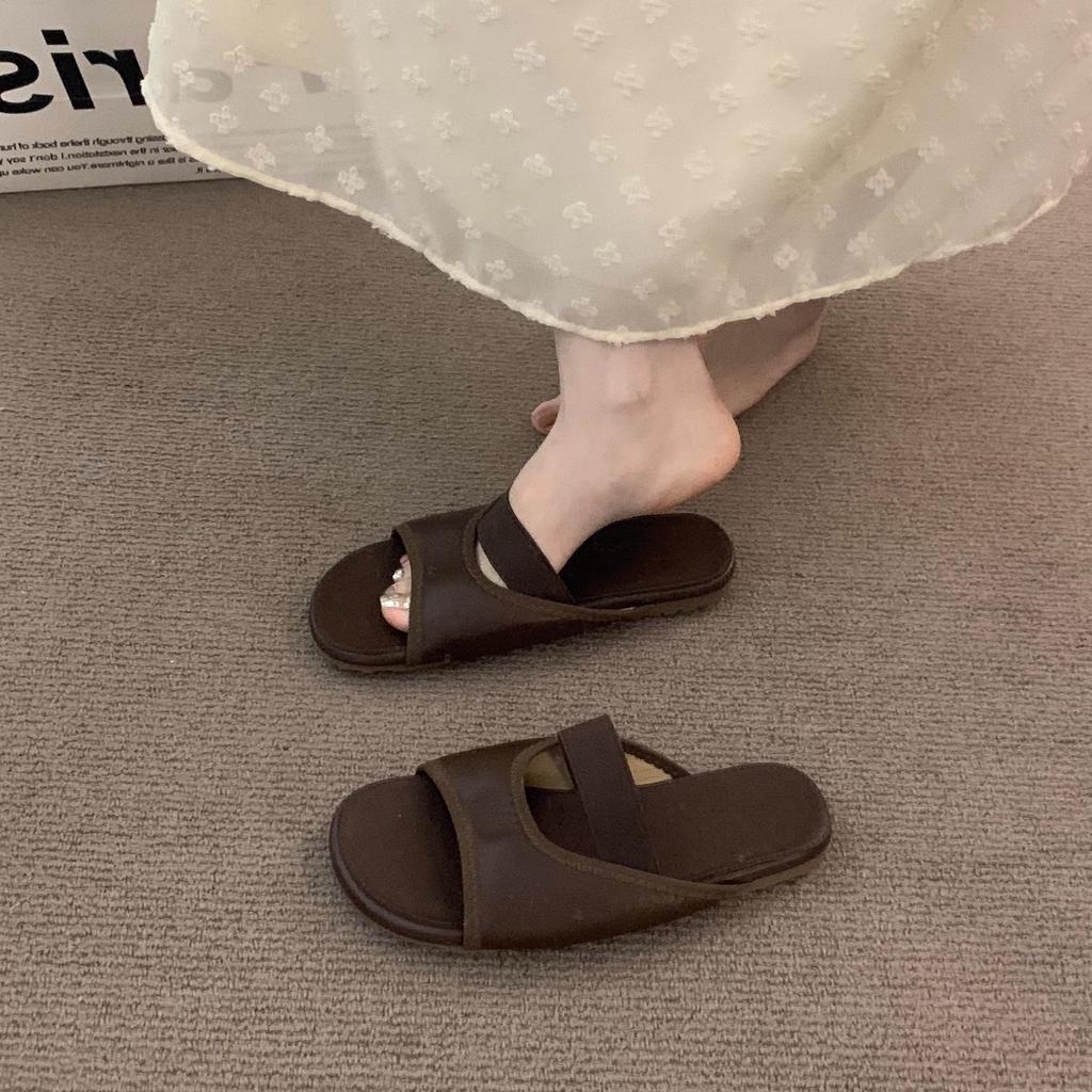 Niche yellow suede with skirt French small cool slippers fairy shoes outer wear 2025 summer with skirt sandals