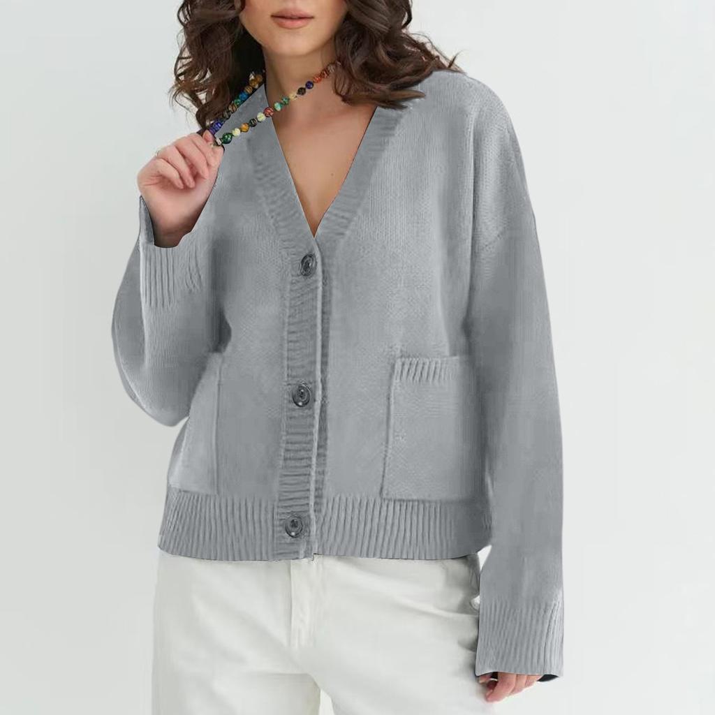 Women's Solid Color V-neck Pocket Knitted Cardigan With Loose And Soft Texture Design, Sweater Jacket