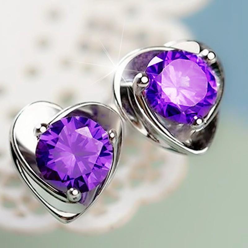 Korean-Style Amethyst Heart Zircon Earrings: Romantic Purple Gift for Girlfriend