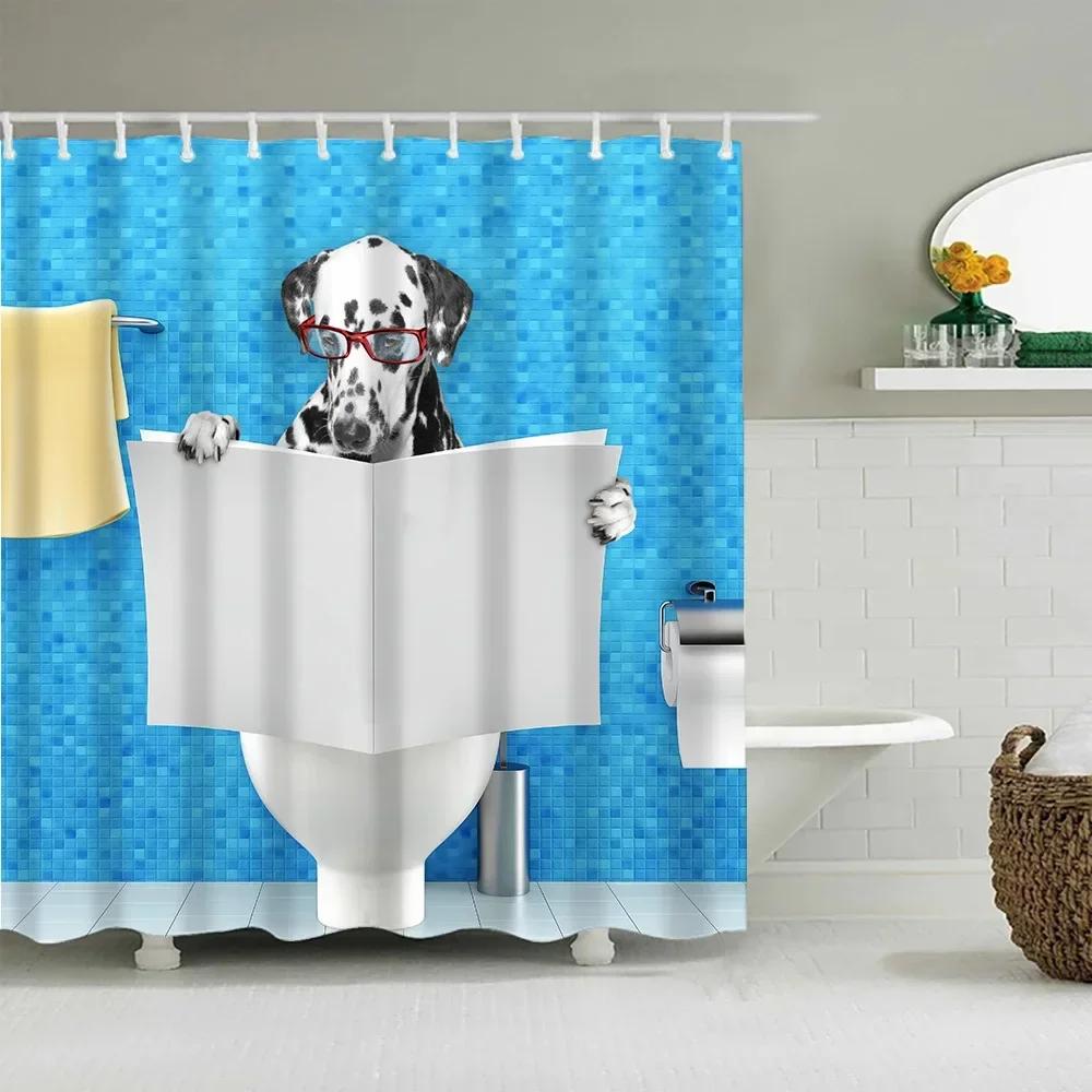 Funny Little Cat Dog Bathing Shower Curtain Cartoon Animals Printed Bathroom Curtain Set Waterproof Polyester Fabric Bath Screen