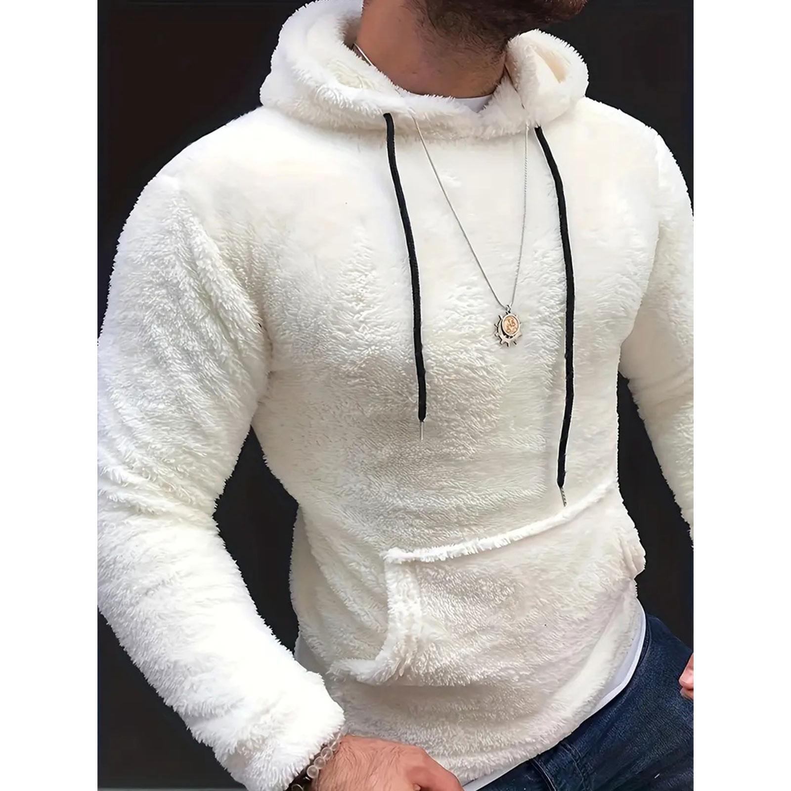 

Мужская однотонная двухсторонняя бархатная толстовка с капюшоном и длинными рукавами, карманом в боковом шве, капюшоном и лацканами XL белый