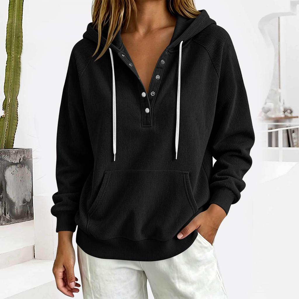 Women's Casual Lightweight Pullover Hoodie Long Sleeve Ribbed Texture Half Button Front Kangaroo Pocket Drawstring Hood Sweatshirt