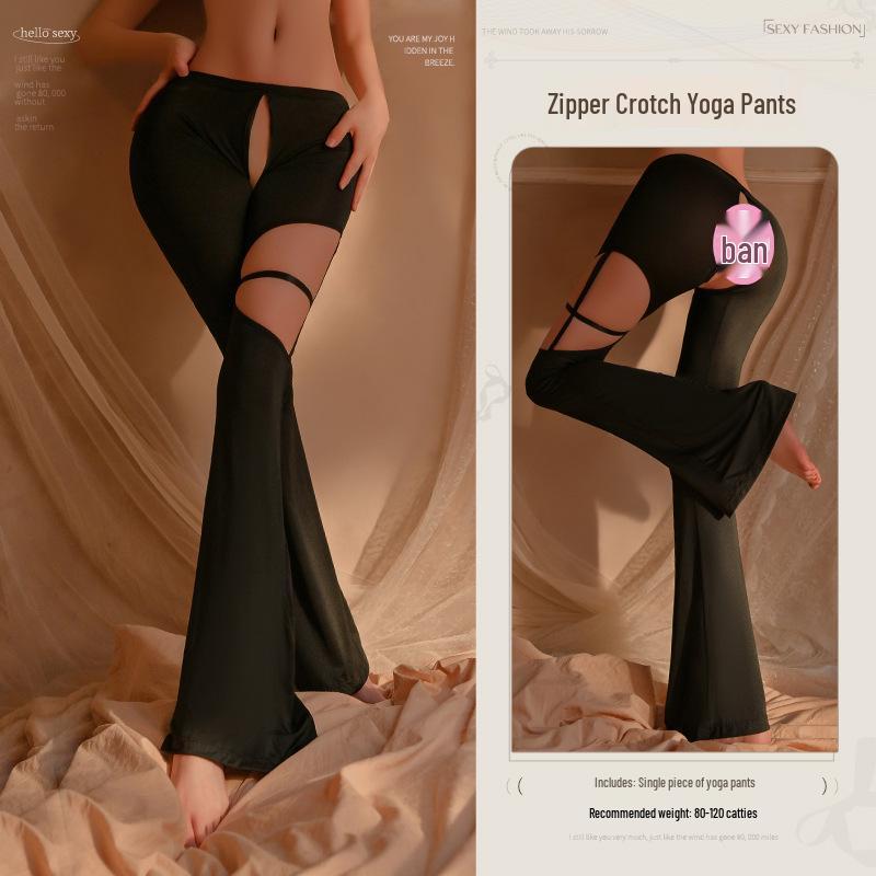 Man Yan Sexy Sheer Cutout Lingerie Flared Yoga Pants with Zipper Crotch