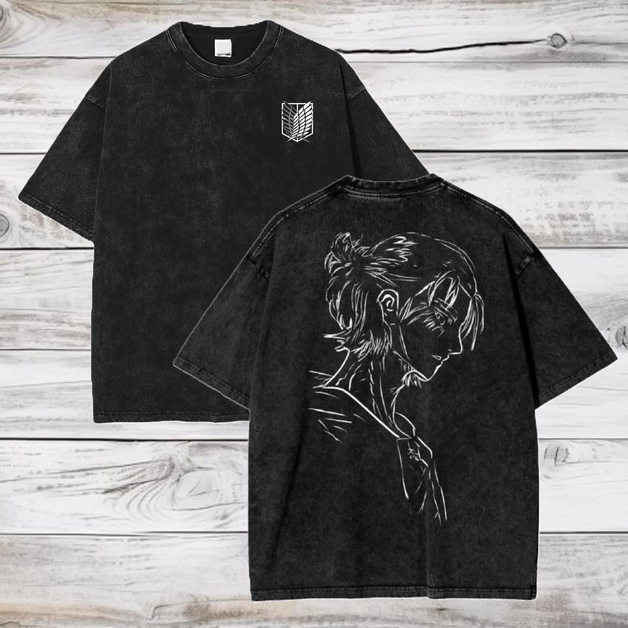

Anime Attack on Titan Eren Jaeger Printed Tshirt Mens and Womens Washed Tshirt High Quality Vintage Cotton Tshirt Tops M