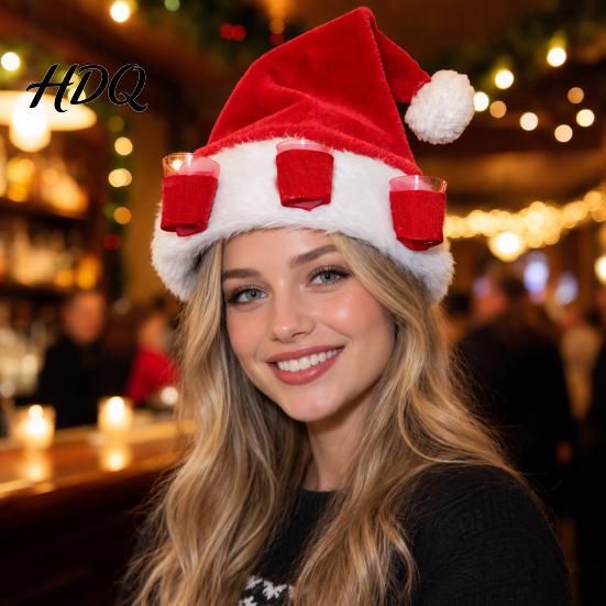 Plush Holiday Hat Christmas with Drink Holder Adults Velvet Santa Claus Soft Cap 3 Cups Red Xmas for New Year Party Holders