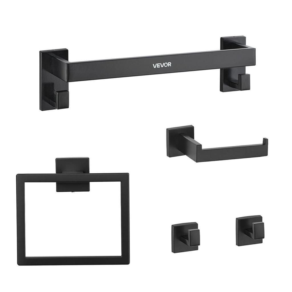 Matte Black Bathroom Hardware Set, 5 Pieces Bathroom Accessories Set, Stainless Steel 16 Inch Towel Bar, Towel Rack, 2 Robe Towel Hooks, Toilet Paper