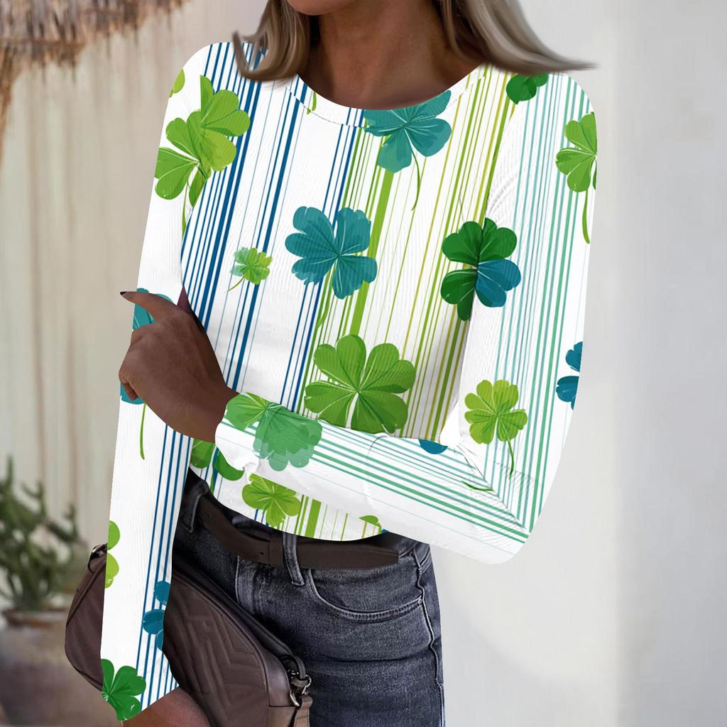 Women's Casual Fashion Round Neck St. Patrick's Day Print Long Sleeve Ribbed Top