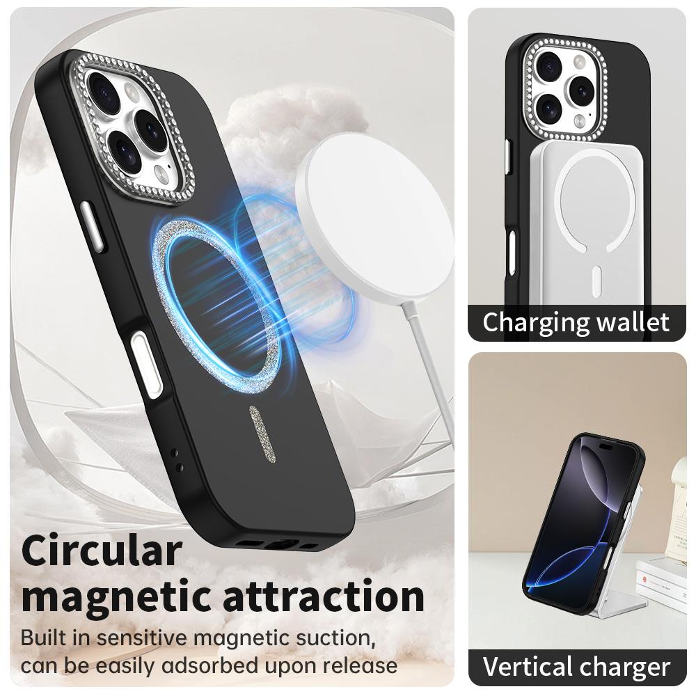 For iPhone 16 Pro Case Compatible with MagSafe TPU+PET Phone Cover with Rhinestone Decor Lens Frame