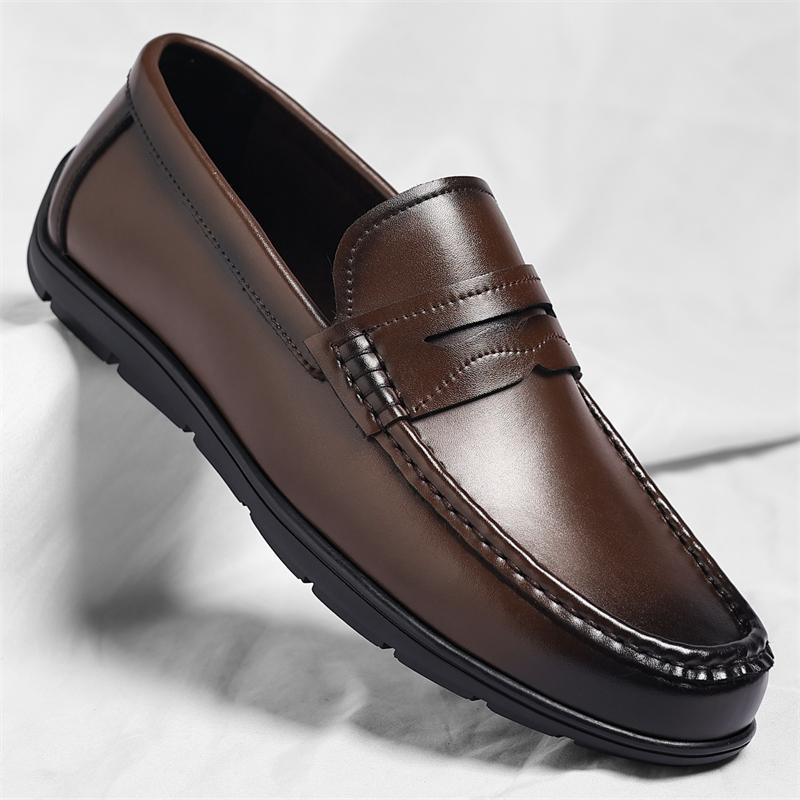 

Fashion Lightweight Male Moccasins New Leather Loafers Handmade Stitching Mens Driving Shoes Rubber Casual Shoes Comfy Slip on Flats 38 коричневый