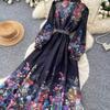 Vintage Black Floral Printted Maxi Dress Long Chiffon Sleeve Elegant Spring Palace Print Single-breasted Shirt Dress with Belt