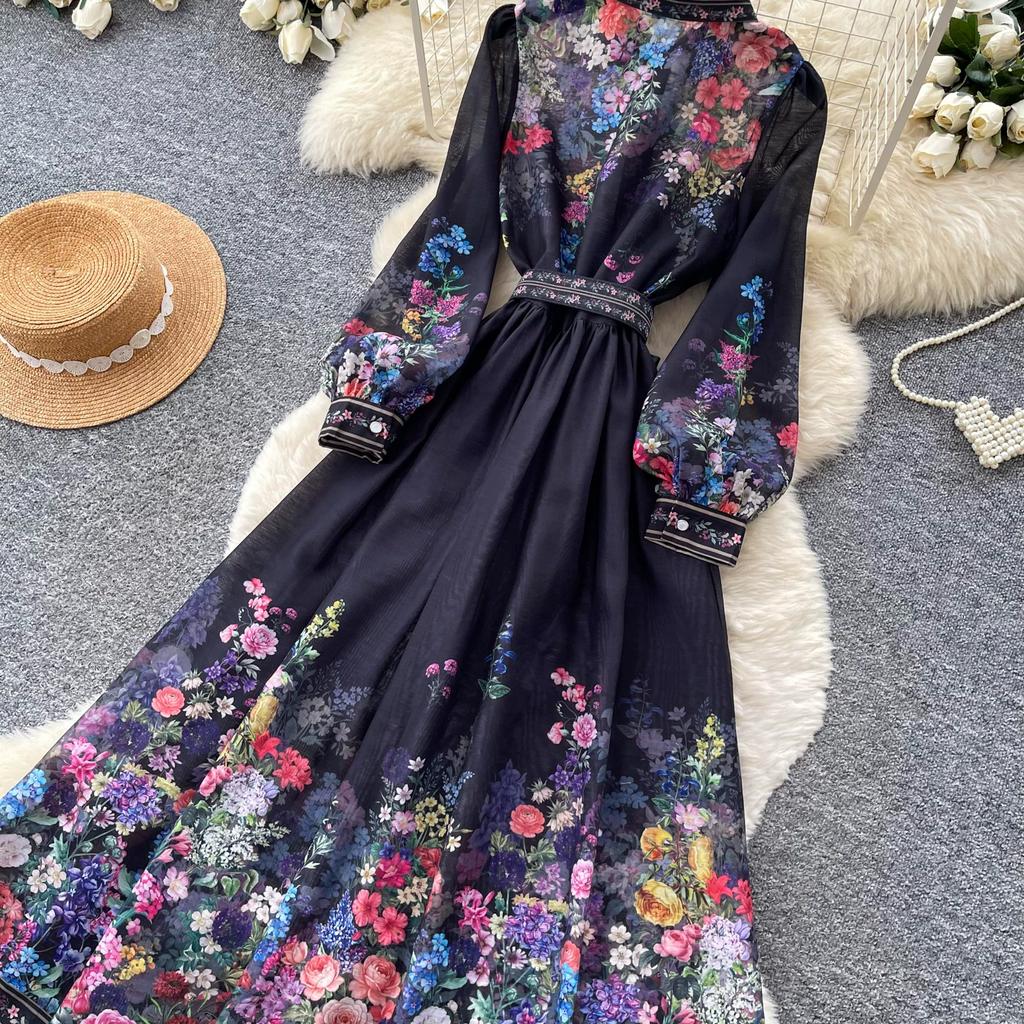 Vintage Black Floral Printted Maxi Dress Long Chiffon Sleeve Elegant Spring Palace Print Single-breasted Shirt Dress with Belt
