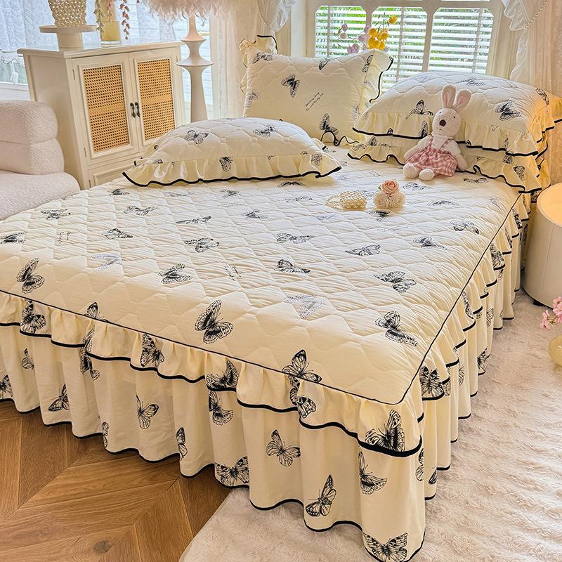 Countryside Style Cotton Bed Skirt Washed Cotton Quilted Bed Runner Full Package Mattress Protect Cover for Bedroom Decora  Dust-proof Bed Sheets