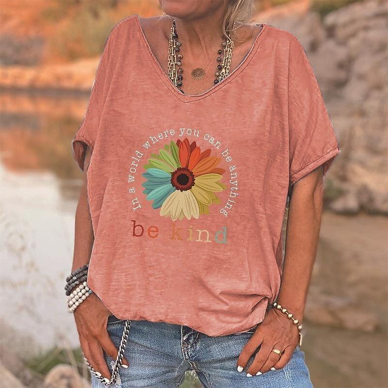 Retro Letter Printing V-neck Women's Short-sleeved Daily Weekend Women's Clothing Oversized Summer T-shirt Top