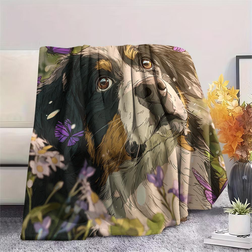 Bernese Mountain Dog and Flowers pattern Flannel Blanket, High quality Comfortable for All Seasons, Home Decor, Warmth and Comfort, Perfect for Gifts.