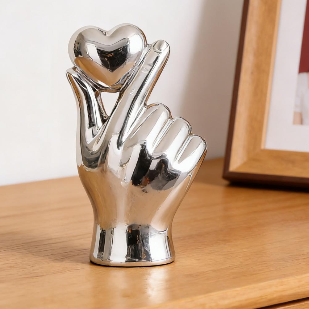 Heart Hands Sculpture Home Decor Love Gesture Ceramic Hand Statue with Golden Silver Finish Heart Sculpture Table Ornament