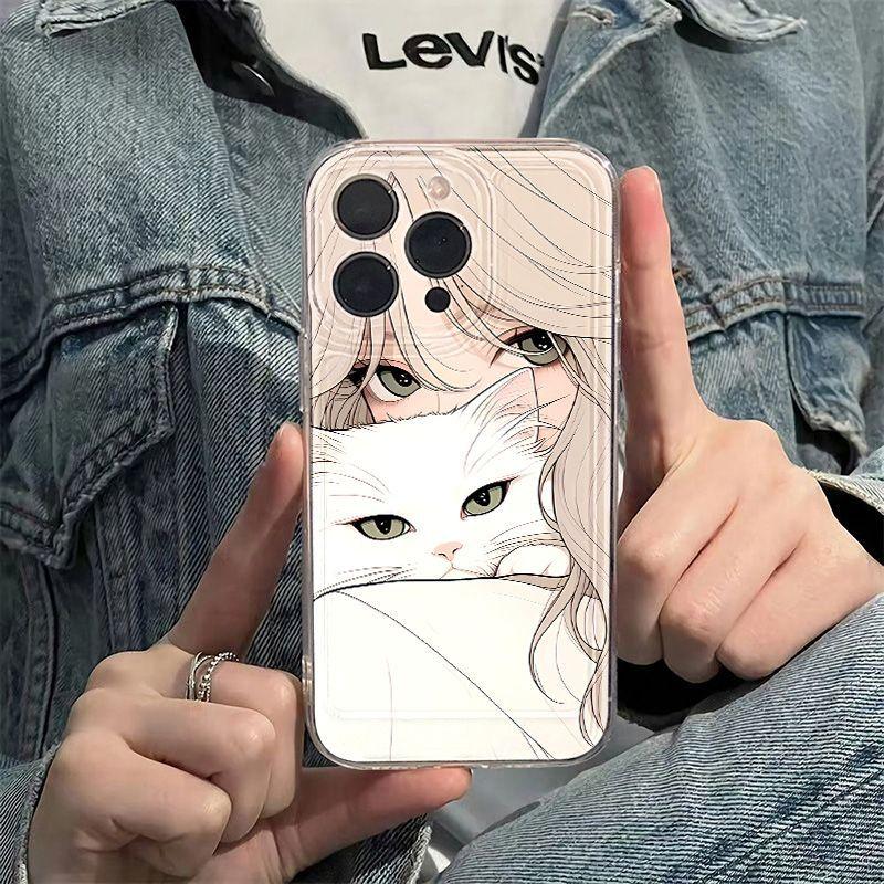 Cat Girl for iPhone17PorMax Mobile Phone Case Apple 14/15 Fine Hole 16 Transparent 13 Protective Case