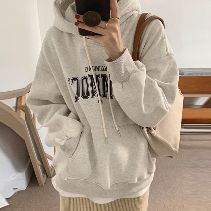 Fleece Hooded Sweater Women's New Loose Letter Printing Korean Version Fashion Student Coat Tide