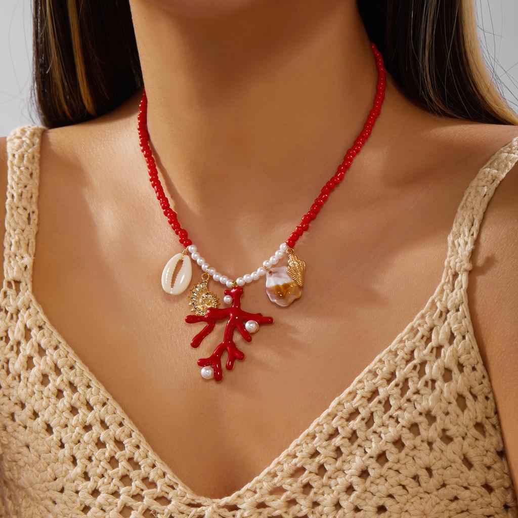 Bohemian Starfish Shell Pendant Necklace For Women Handmade Rice Beads Sun Coral Conch Pearl Beaded Choker Beach Party Jewelry