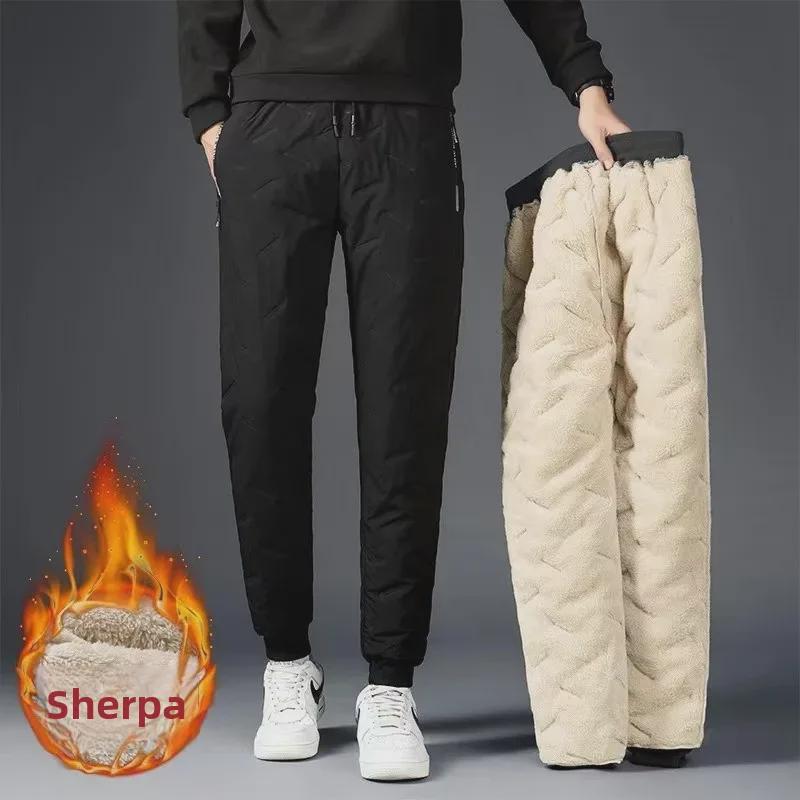 Men's Plus Velvet Waterproof Thick Warm Windproof Cotton Straight Pants - Large Size Casual Wear for Autumn and Winter.