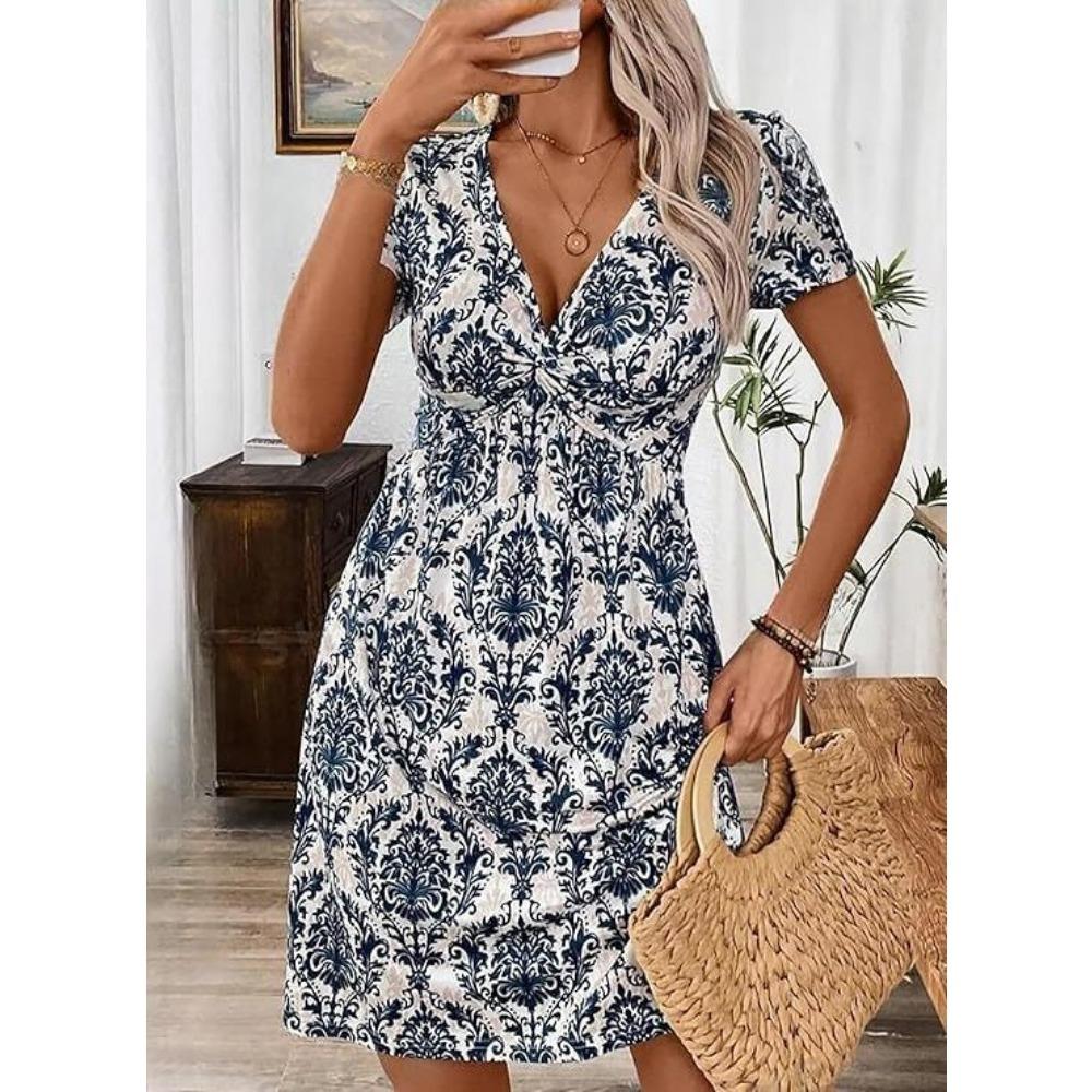 Women's Dress Solid Color V-neck Spring/summer Short Sleeve Breathable Fiber Ladies Casual Noble Slim New Knee-le