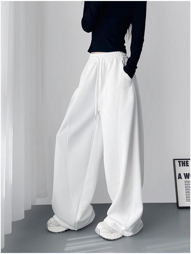 Red High-Waisted Wide-Leg Fleece-Lined Sweatpants for Girls & Women - Drapey Lazy Style Slimming Plus-Size Autumn New Arrival