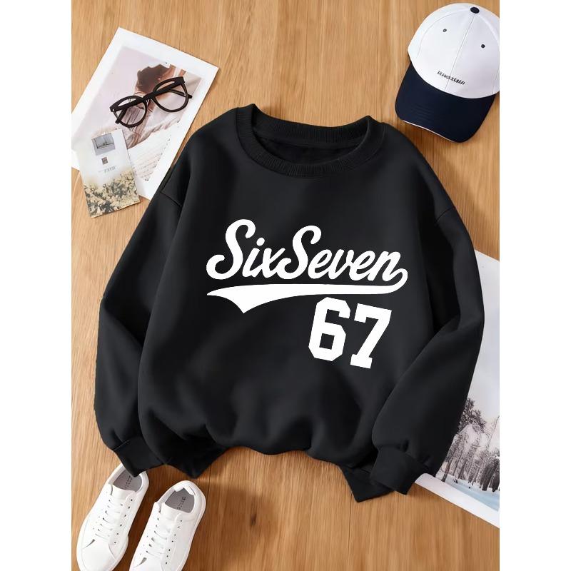 Unisex Kids Black Crewneck Sweatshirt For 4-12 Boys Girls Retro Script Six Seven Number 67 Baseball Style Print Soft Fleece Long Sleeve Pullover 110 чёрный