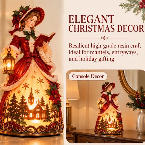 Birthday Present for Friends Christmas Carol Girl Desk Lamp, Resin Victorian Statue Night Light, European Style LED Hand Painted Figurine Gift