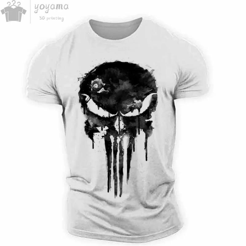 Men Sports Casual O-Neck T-Shirt, Military Patriotic Skull Print Oversized Short Sleeve Tops
