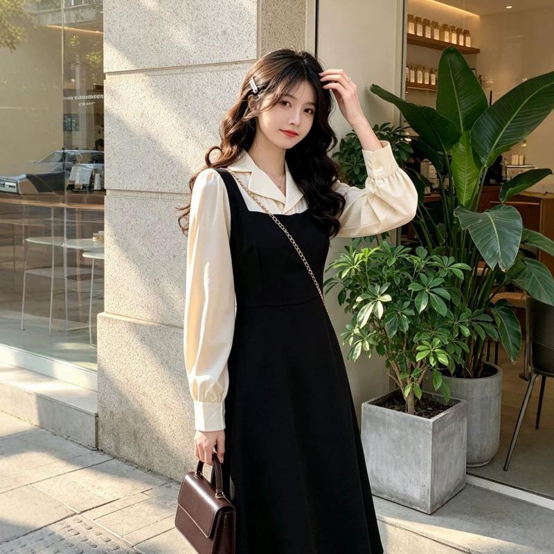 Autumn wear new long-sleeved dress women's splicing fake two simple schoolgirl French niche skirt