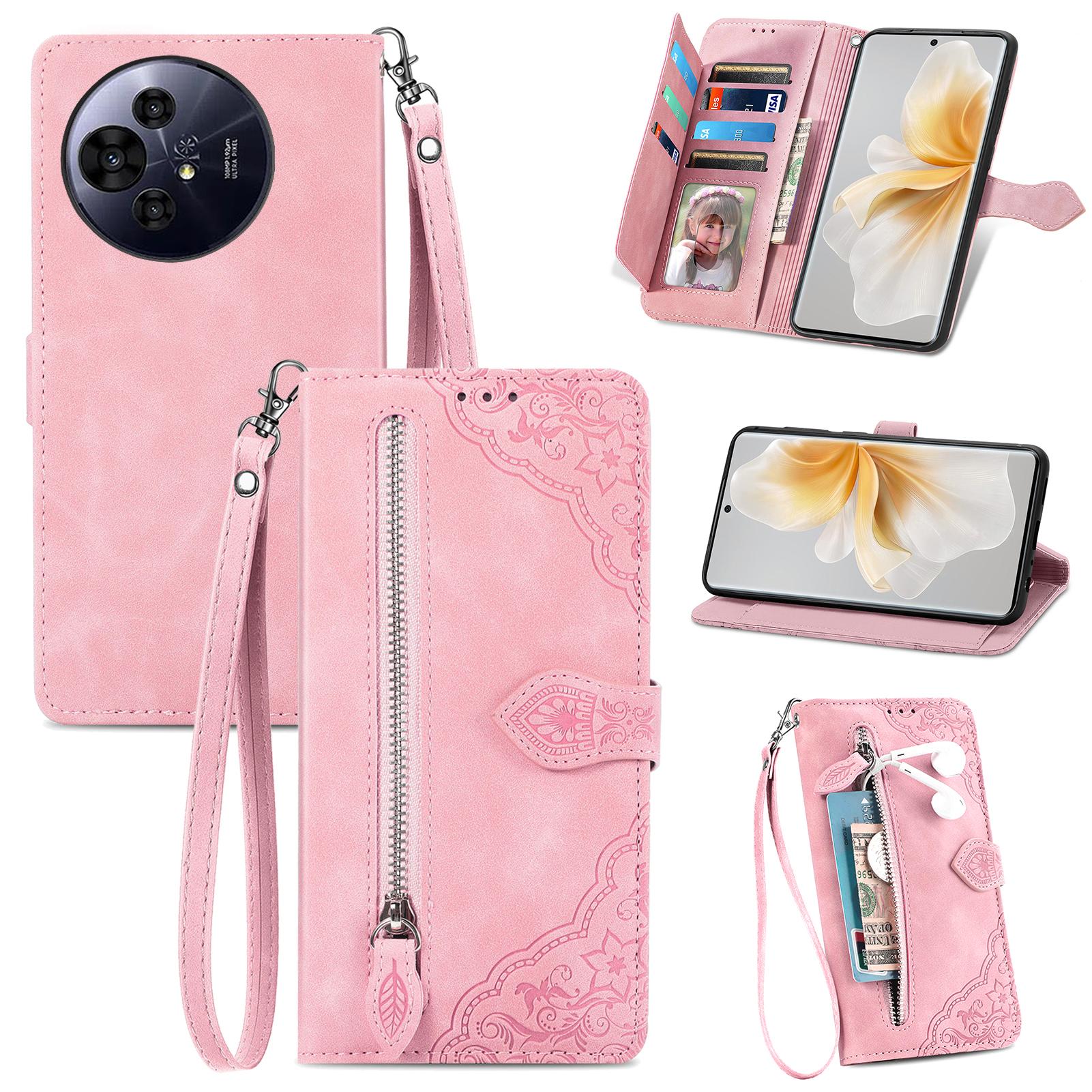 

For TCL 50 Pro Nxtpaper 5G Zipper Wallet Case with Strap Flower Imprint PU Leather Phone Cover Pink