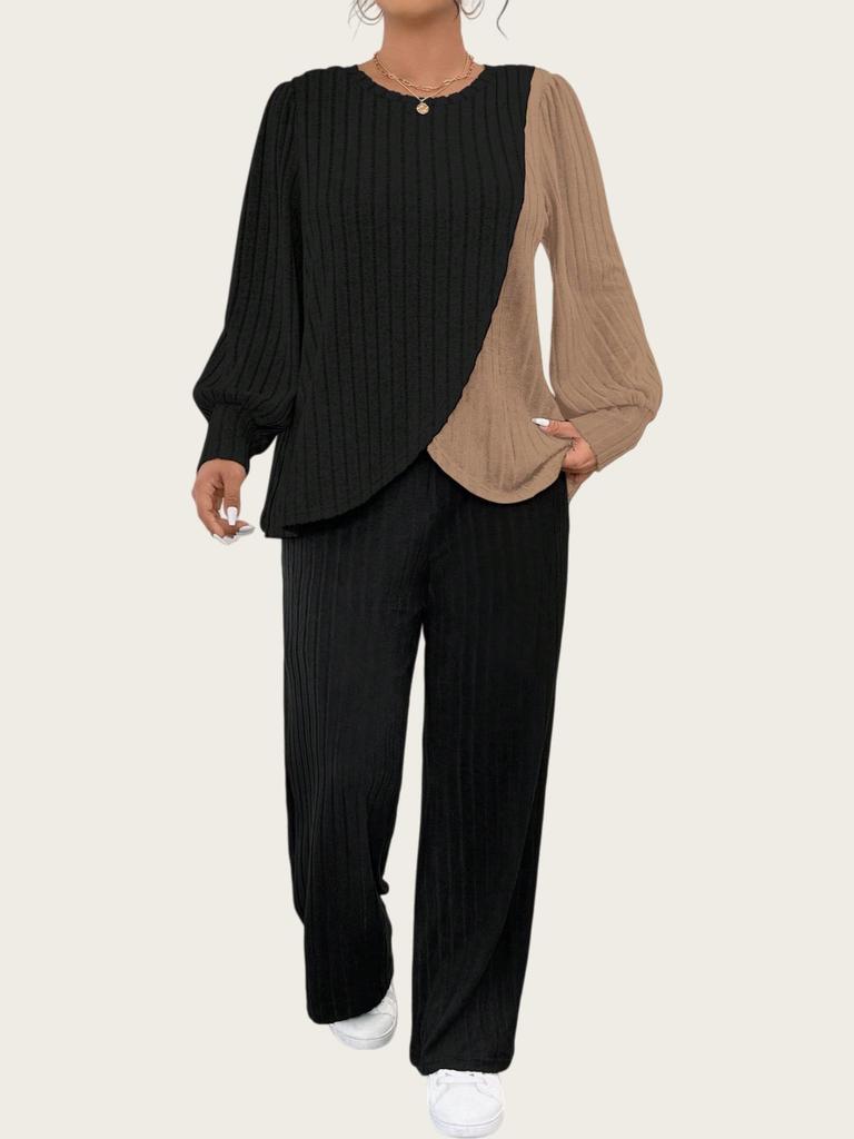 Dámská pletená souprava s barevným potiskem a rovnými kalhotami, nadměrná velikost