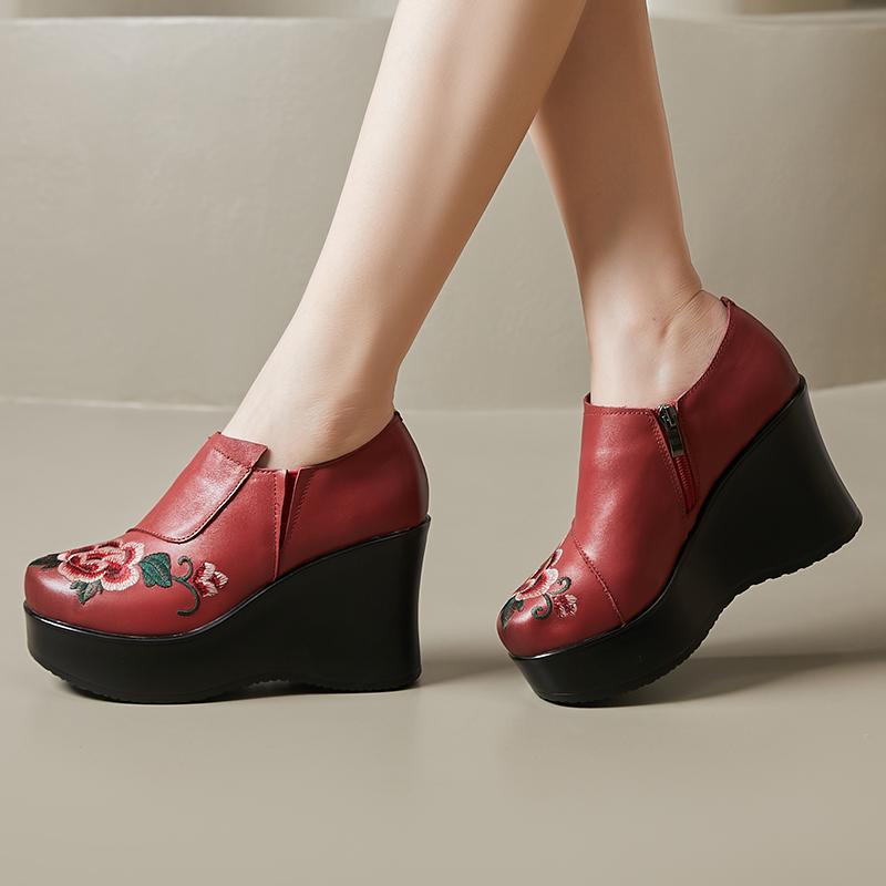 GKTINOO Fait Main Rétro Chaussures Femme Bout Rond Talons Compensés Augmentant la Hauteur 9cm Chaussures Décontractées Dames Mocassins à Plateforme en Cuir Véritable