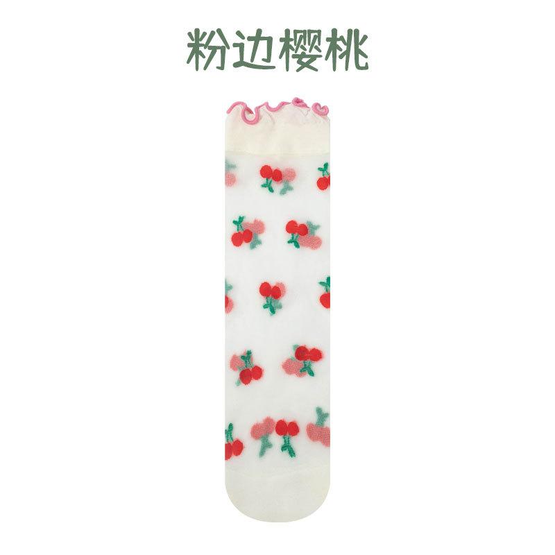 Girls Strawberry Embroidered Lace Over Knee High Socks Thin Transparent Floral Princess Kids Long Stockings