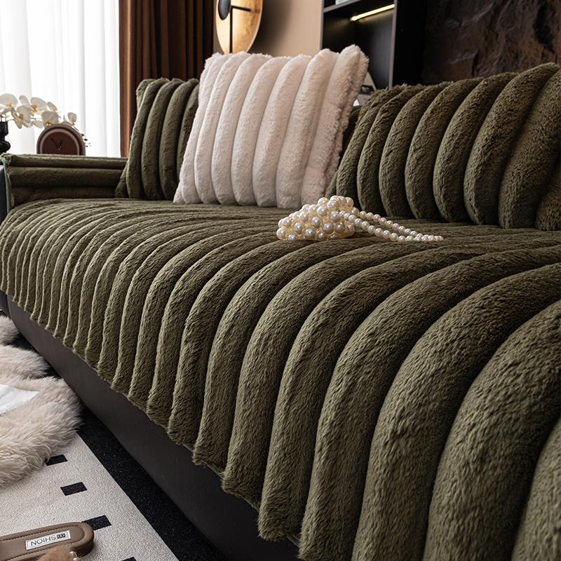 Winter Living Room Non-slip Warm Thick Striped Plush Cushion Couch Sofa Covers Slipcover Funda Sofa Mat