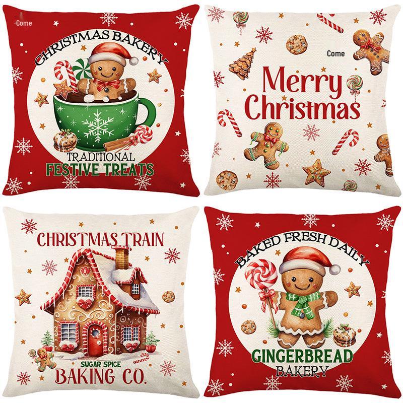 New Linen Christmas Pillowcase with Santa Claus and Reindeer Design