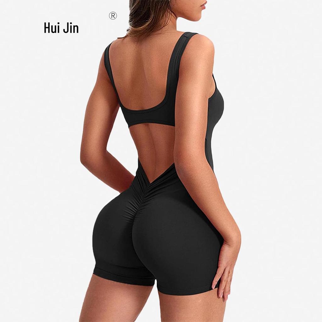 Women's Backless Slim Fit Yoga Jumpsuit - High Elastic, Hip Lifting, Square Neck, One-Piece Sports Shorts.