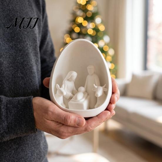 Minimalist Religious Decor Mini Nativity Scene Figurine, Christmas with Holy Family in Egg, Unique Souvenirs 3D Printed Tabletop Ornament for