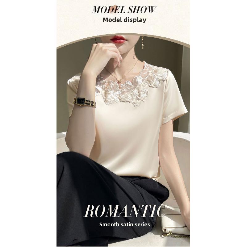 Summer new floral mesh short-sleeve casual T-shirt for women, fashionable top