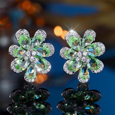 Cute Female Green Zircon Flower Stud Earrings Silver Color Wedding For Women