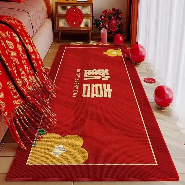 Festive Red Velvet Wedding Bedside Rug - Elegant Chinese-Inspired Bedroom Carpet for Wedding Decor